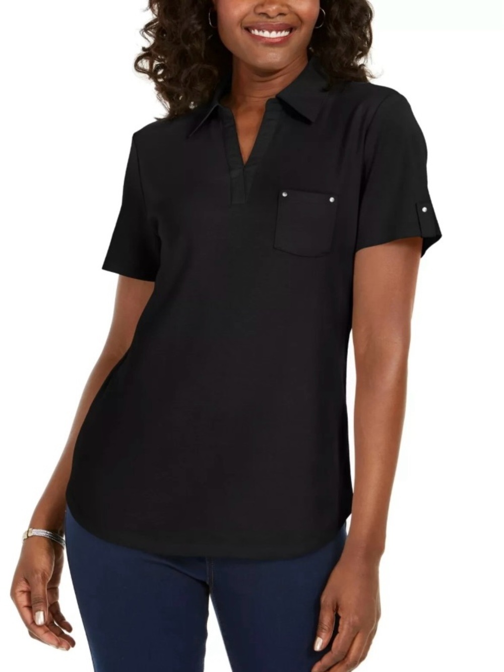 NWT Karen Scott Black Short-Sleeve Polo Top with Chest Pocket, size XL